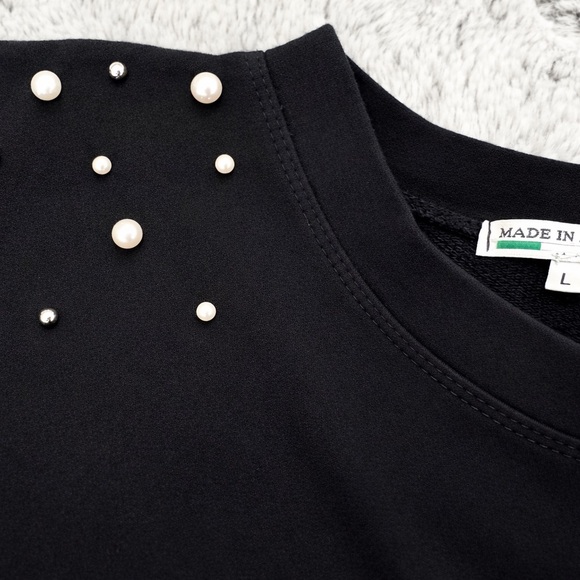 Made in Italy Pearl Embellished Black Sweatshirt L Quiet Luxury - Picture 2 of 2
